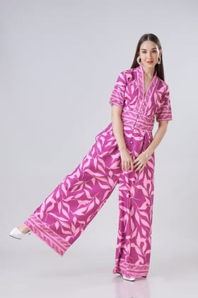 Seamless Floral Front Buttoned V Neck Wide Leg Jumpsuit-XXS / Magenta Purple / JP0018-DPPS1000102-4  MTR-NIL-NIL-NIL-NIL-THR012-FS001-NIL-BT0092-9-NIL-NIL-NIL