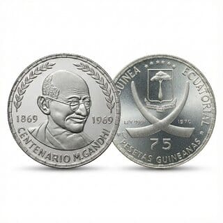 75 Pesetas Guineanas 1970 birth of Mahatma Gandhi, Guinea Collection