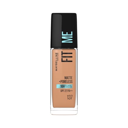 Maybelline New York Fit Me Matte + Poreless Liquid Full Coverage Foundation For All Skin Types,137 Golden Tan|16 Hr Oil Control Full Coverage Foundation For All Skin Types With Spf 22,30 Ml,Pack Of 1 Maybelline New York Fit Me Matte + Poreless Liquid Ful