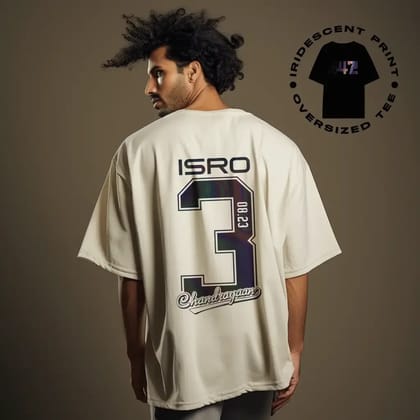 ISRO Chandrayaan-3 Oversized Cream T-Shirt with Holographic Print-S