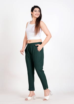 Women's Bottle Green Cotton Trouser Pant - Regular Fit for Office, School, and Casual Wear-S / Bottle Green / 100% Cotton