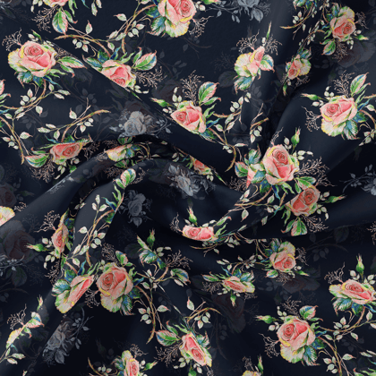 Colourful Roses With Multicolour Branch Digital Printed Fabric - Pure Muslin