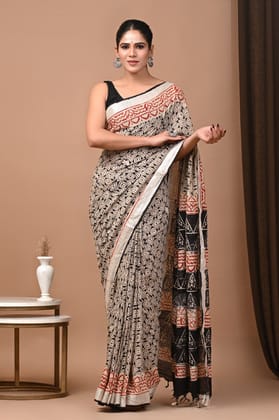 HAND BLOCK PRINTED COTTON LINEN SAREE WITH BLOUSE