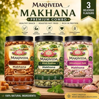 MAKHVEDA - Superfood Desi Crunch Combo Makhana Roasted Fox Nuts Popped Lotus Seeds Healthy Snack Low Calorie High Protein Gluten Free Crunchy and Delicious Flavours Gud Mint Pudina Himalayan Pink Salt MAKHVEDA - Superfood Desi Crunch Combo Makhana Roasted Fox Nuts Popped Lotus Seeds Healthy Snack Low Calorie High Protein Gluten Free Crunchy and Delicious Flavours Gud Mint Pudina Himalayan Pink Salt