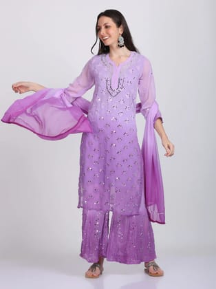 Exquisite Purple Mirror Work Chikankari Handmade Kurti Set-36-XS