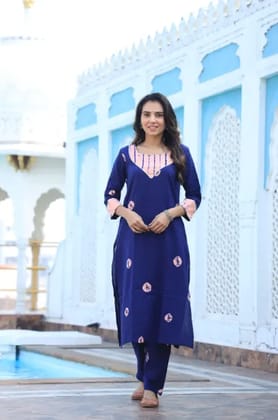 Navy Blue Cotton Premium And Elegant Kurti With Pant For Women