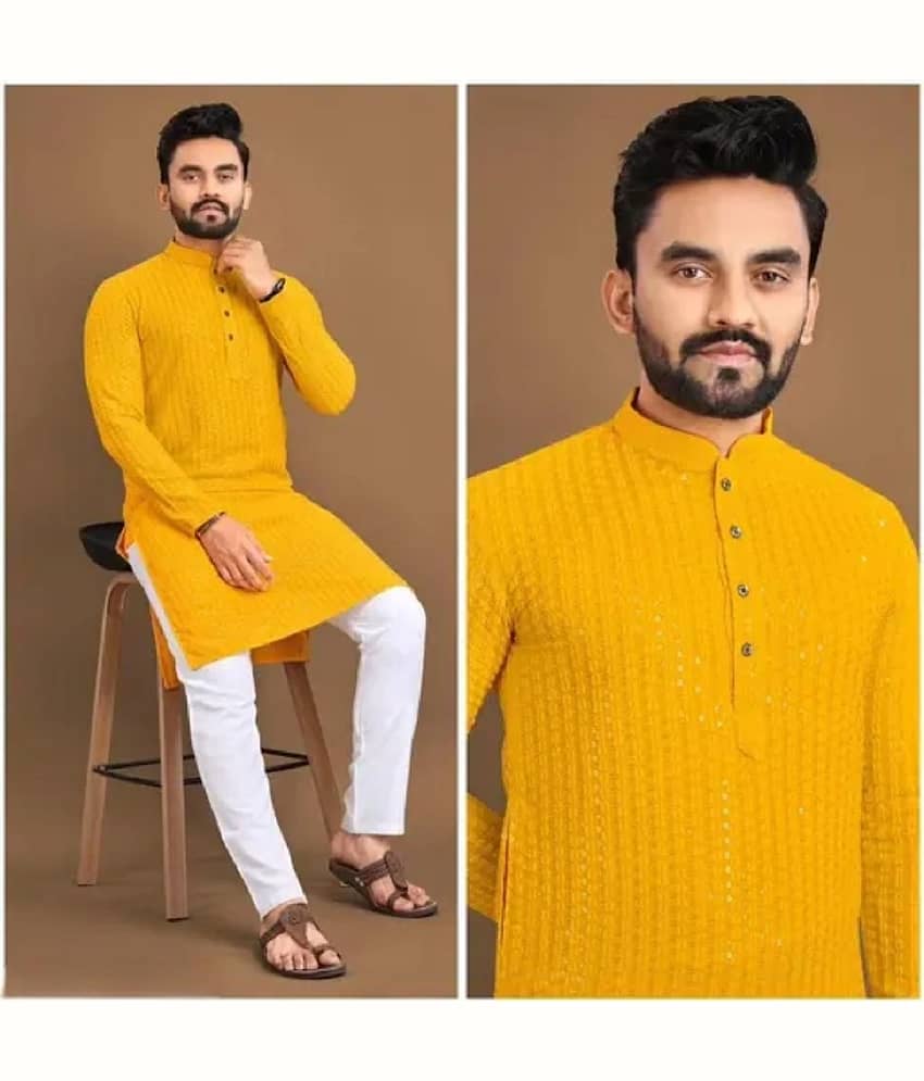 Gazal Fashions Cotton Blend Embroidered Regular Kurta For Men ( Yellow )
