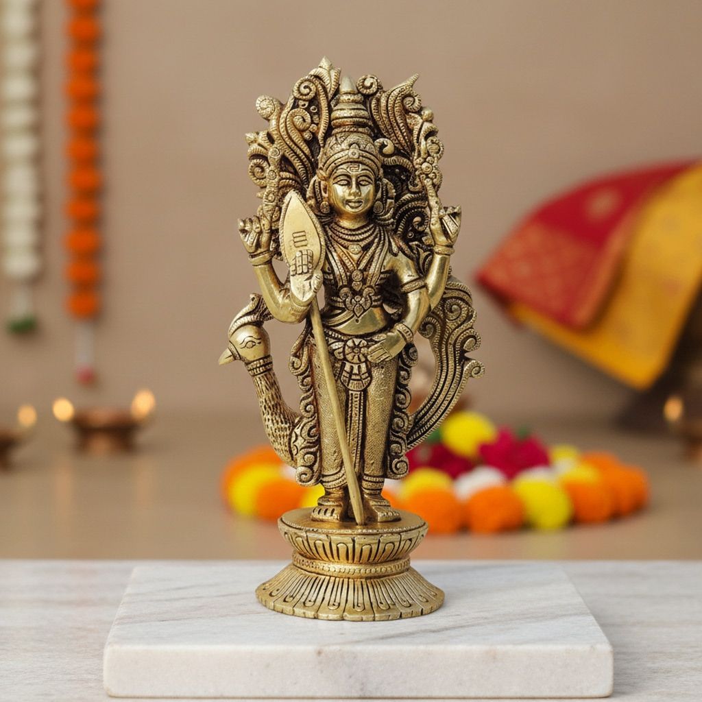 Brass Murugan Devi Idol – Kartikeya Brass God Statue South Indian Decor, Height : 9.5 Inch (BSMAS1443 E)