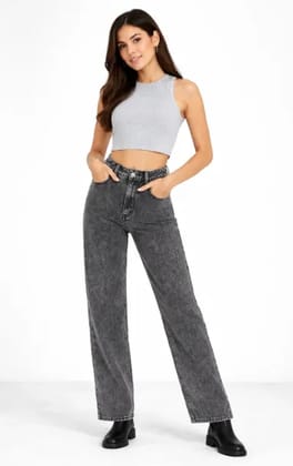 Dark Gray Straight Fit/Wide Leg High Waist Denim