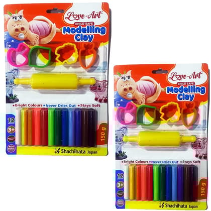 Artline Love-Art Modelling Clay of 12 Colors in 150 GMS with 4 Toys and 1 Roller in Blister Card of 2 Packs | Children for Various Creative Projects (Motor Skill Development)
