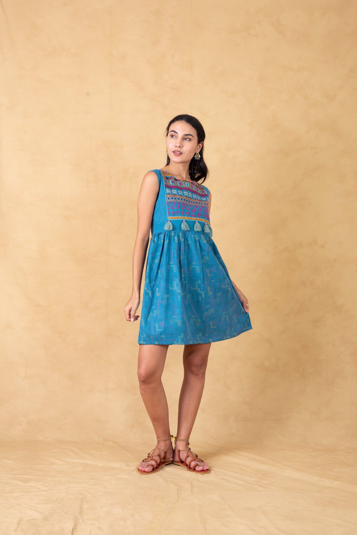 Skater Dress With Embroidered Yoke-L