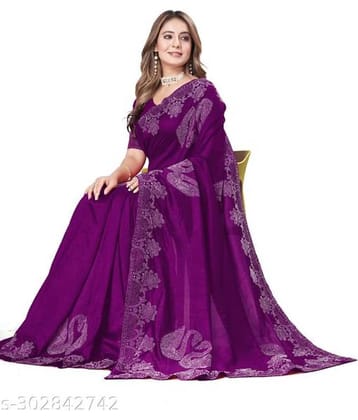 Shivadit ethnic Georgette Embroidered Saree With Unstitched Blouse Piece ( Purple )