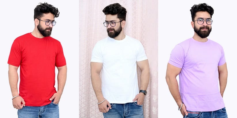 Tru Threads Solid Premium T-Shirt 3 Pcs Combo - White, Red, Lavender (Size-M)