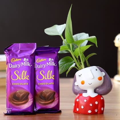 Money Plant In Girl Resin Pot & Cadbury Chocolates