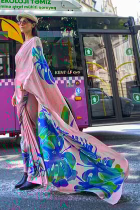 Pink Digital Print Satin Saree