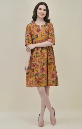 Mustard Yellow Hand-Block Floral Frill Dress