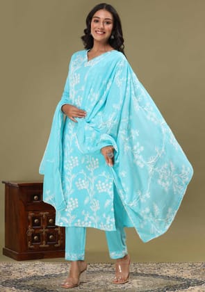 Light Blue White Embroidered Floral Suit set-XXL