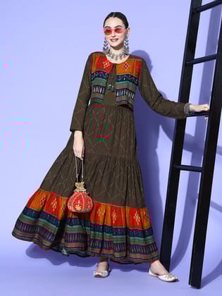 Rang Gali Handblock Brown Zardozi Work Kurta With Jacket-M