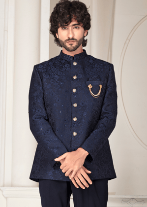 Navy Floral Jacquard Designer Jodhpuri Suit