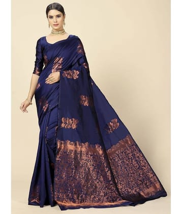 BLEESBURY Banarasi Silk Woven Saree With Unstitched Blouse Piece ( Navy Blue )