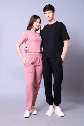Fuchsia Pink & Black Couple Co-Ord Set – Crop Top & Oversized Tee with Joggers (Pack of 2)