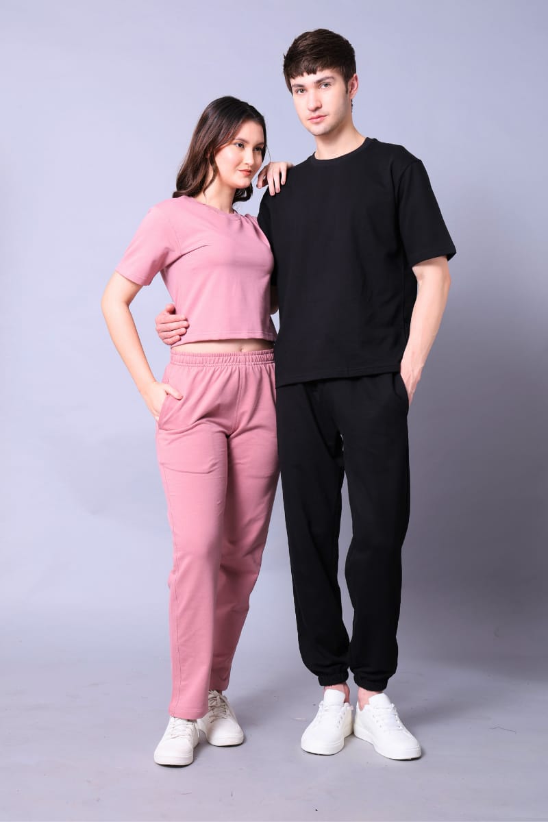 Fuchsia Pink & Black Couple Co-Ord Set – Crop Top & Oversized Tee with Joggers (Pack of 2)