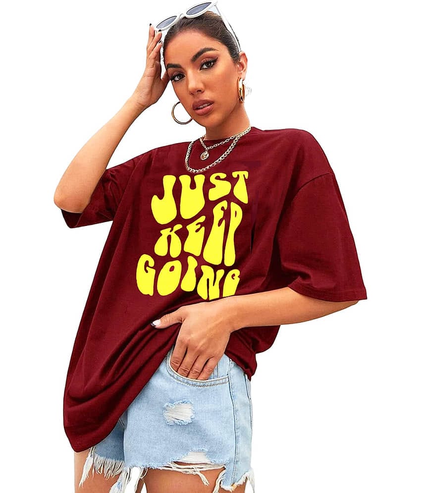 Leotude Women Cotton Blend Printed Oversized Fit Round Neck T-Shirt ( Maroon )