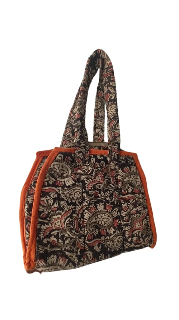 KALANKARI   Handcrafted Quilted Cotton Tote Bag with Floral Print and Orange Trim