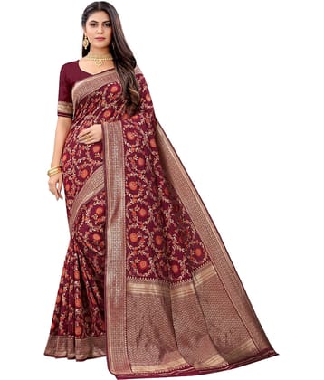 NENCY FASHION Banarasi Silk Self Design Saree With Unstitched Blouse Piece ( Maroon )