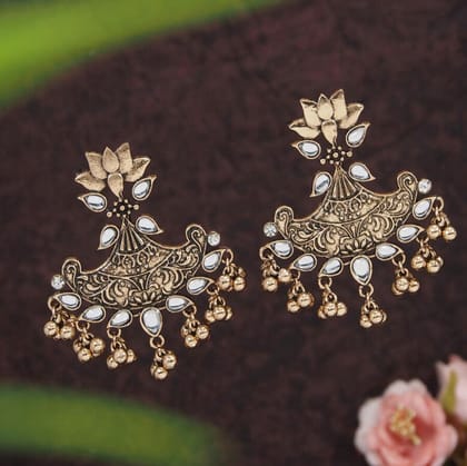 Antique Gold Plated Stone Studded with golden beads Lotus Design Earring- AER 3203