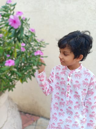 Cotton Malmal Kurta Pajama Set - Tugbug Ghoda Pink-7-8Y