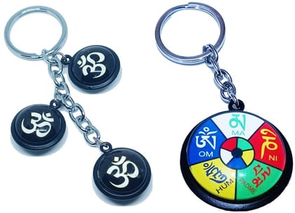 KD COLLECTIONS DoubleSided Tibetan Ladakh Om Mani Padme Hum Keychain & Om Keychain Combo – Multicolor – Pack of 2 Keychains