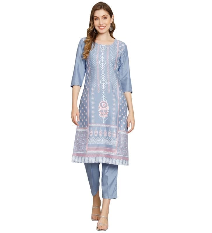 Women's Casual 3/4th Sleeve Printed Crepe Kurti Set (Blue, S)-PID46139
