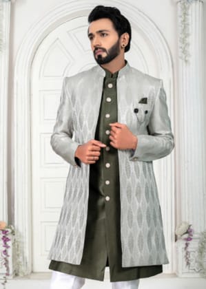 Grey & Green Open Indo Western Set-S