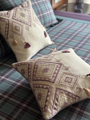 KRI India The Minimalist Ivory Blush Geometric Tassel Cushion Covers|12x12 inches | Ivory with light pink and golden embroidery  | Wash & Care | 100% Cotton | Handcrafted in India. 100% organic & natural.