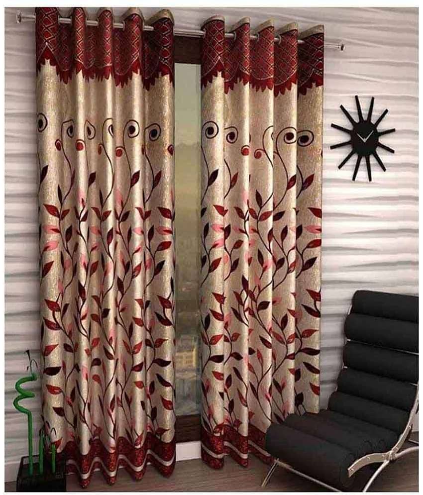 Panipat Textile Hub Floral Semi-Transparent Eyelet Door Curtain 7 ft Pack of 2 -Multi Color