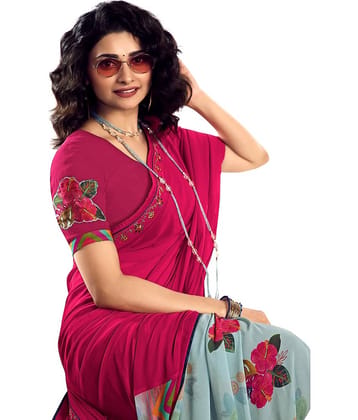 Gazal Fashions Chiffon Printed Saree With Unstitched Blouse Piece ( Pink )