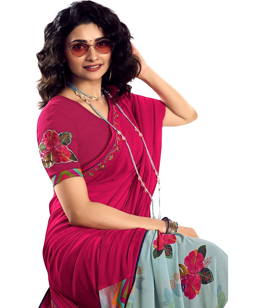Gazal Fashions Chiffon Printed Saree With Unstitched Blouse Piece ( Pink )