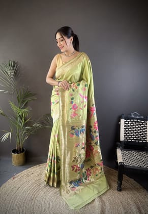 Pista Green Silk Floral Zari Weaving Work Paithani Saree