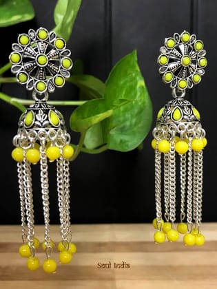 German Silver Jhumka With Beads - Yellow