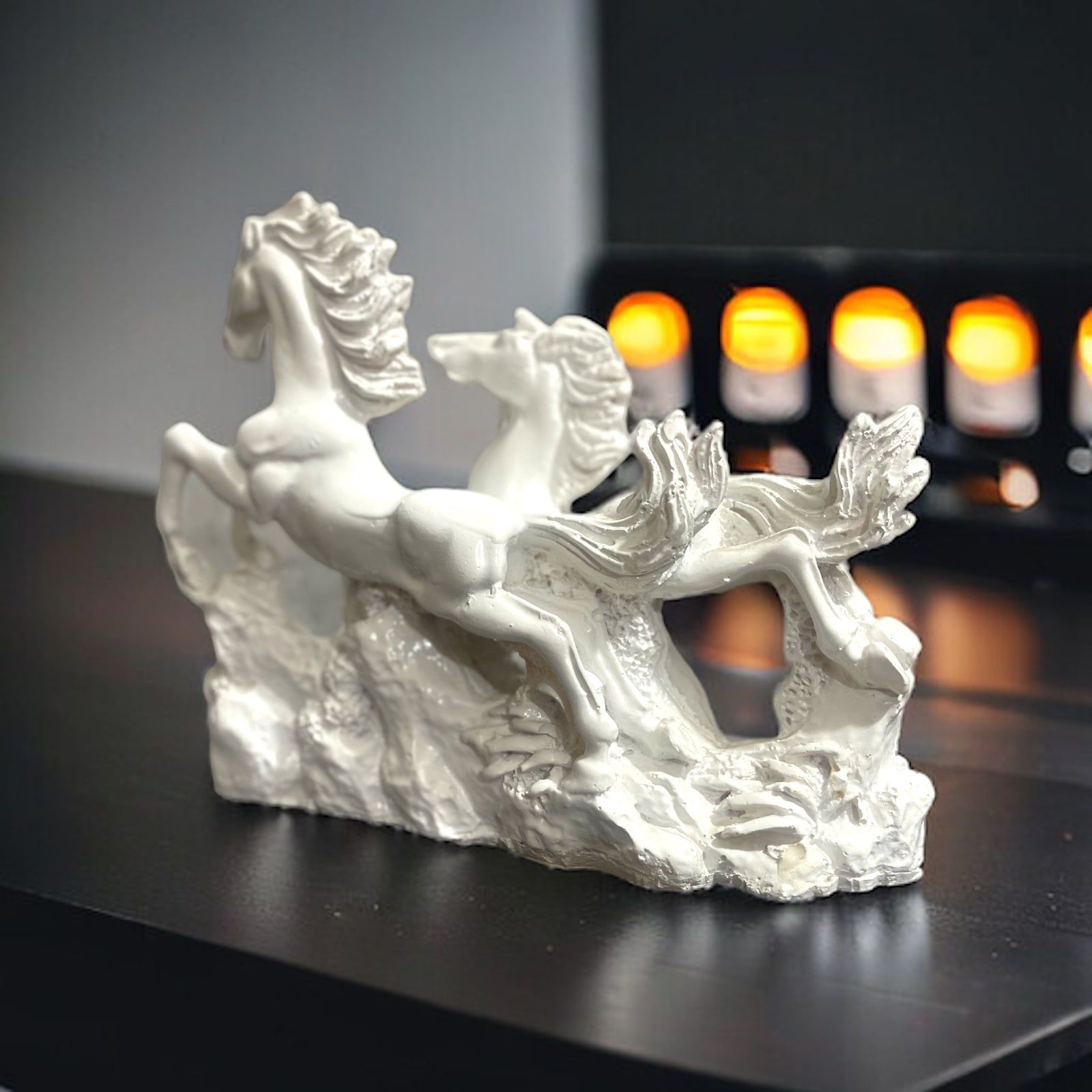 Resin White Running Horses for Feng Shui and Vastu for Positive Energy H- 16 cm-Poly Resin