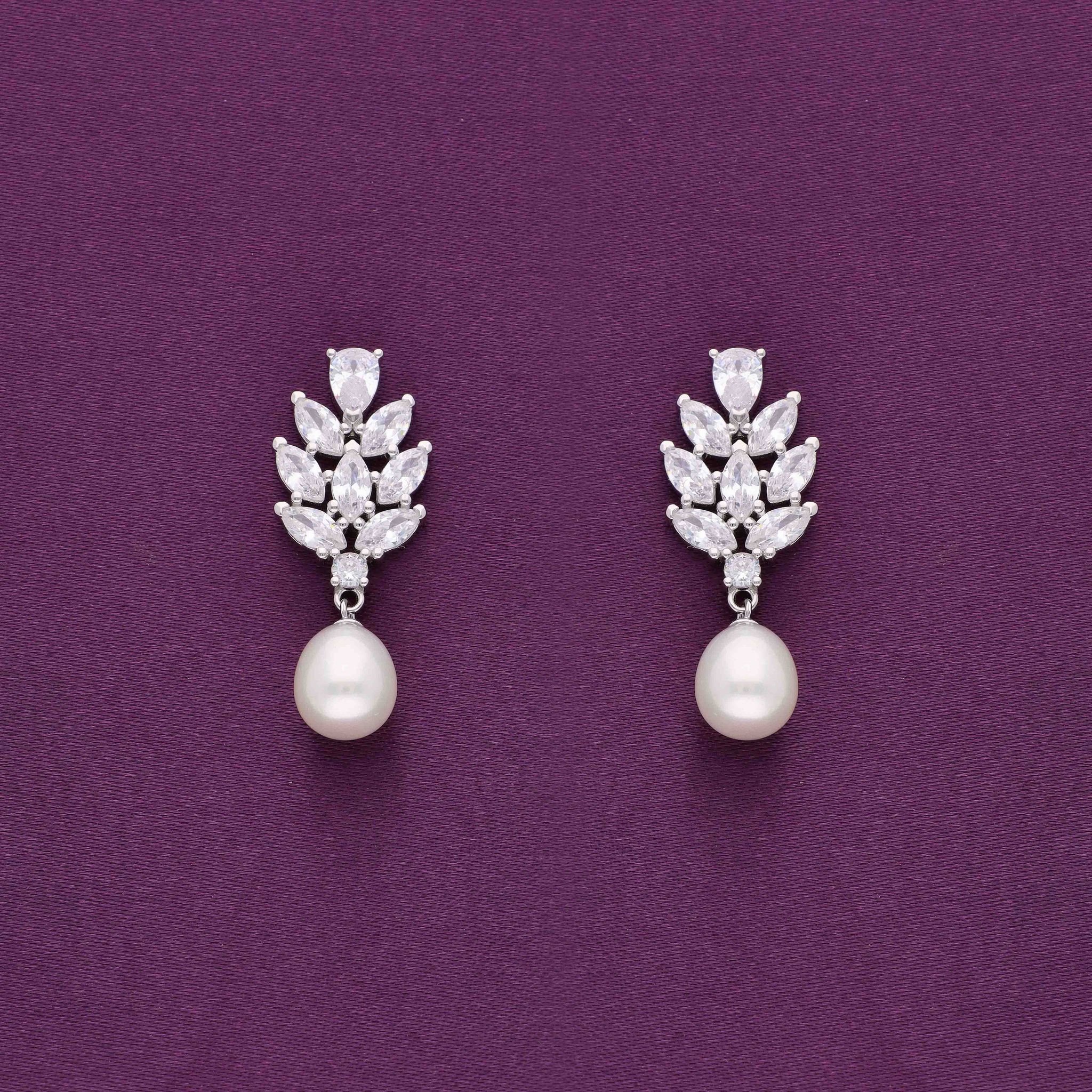 Stylish Pearl Drop Silver Earrings-White Stone / Silver
