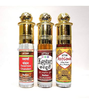 INDRA SUGANDH BHANDAR Attar Swarnaa Chandan, Kasturi, Ashtagandh 6ml Rollon 3 Pc. Combo Pack