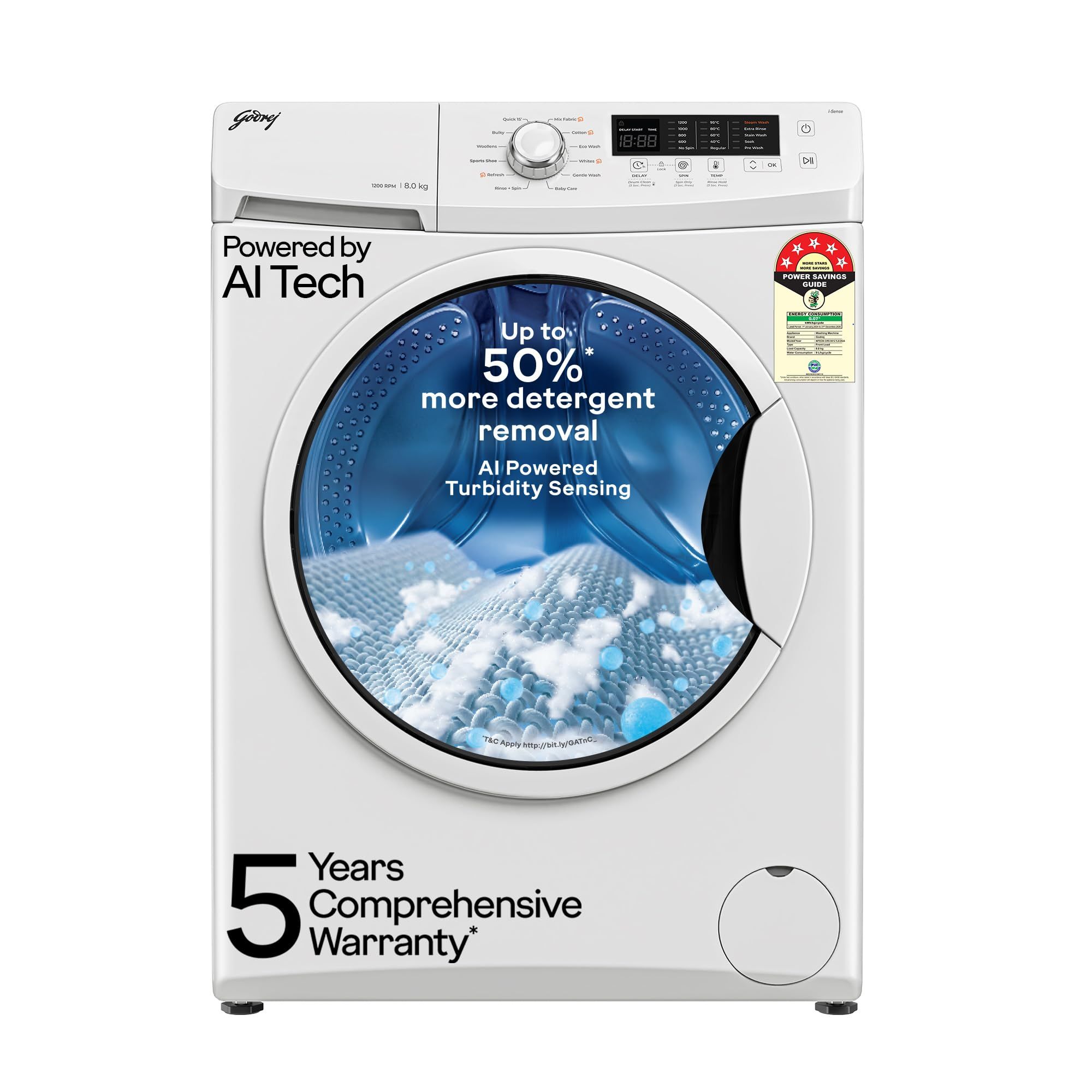 Godrej 8 Kg 5 Star, AI Powered, Inbuilt Heater, Fabrisafe Drum, Eco Wash, Unbalanced Load Sensor, Stain wash, Fully Automatic Front Load Washing Machine (WFEON CRS 8012 5.0 FKEDM GLWH, Glacial White) Godrej 8 Kg 5 Star, AI Powered, Inbuilt Heater, Fabris