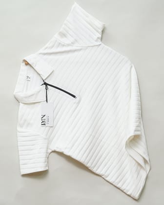 White | Jacquard Knit Textured | Polo Zipper T-Shirt-M