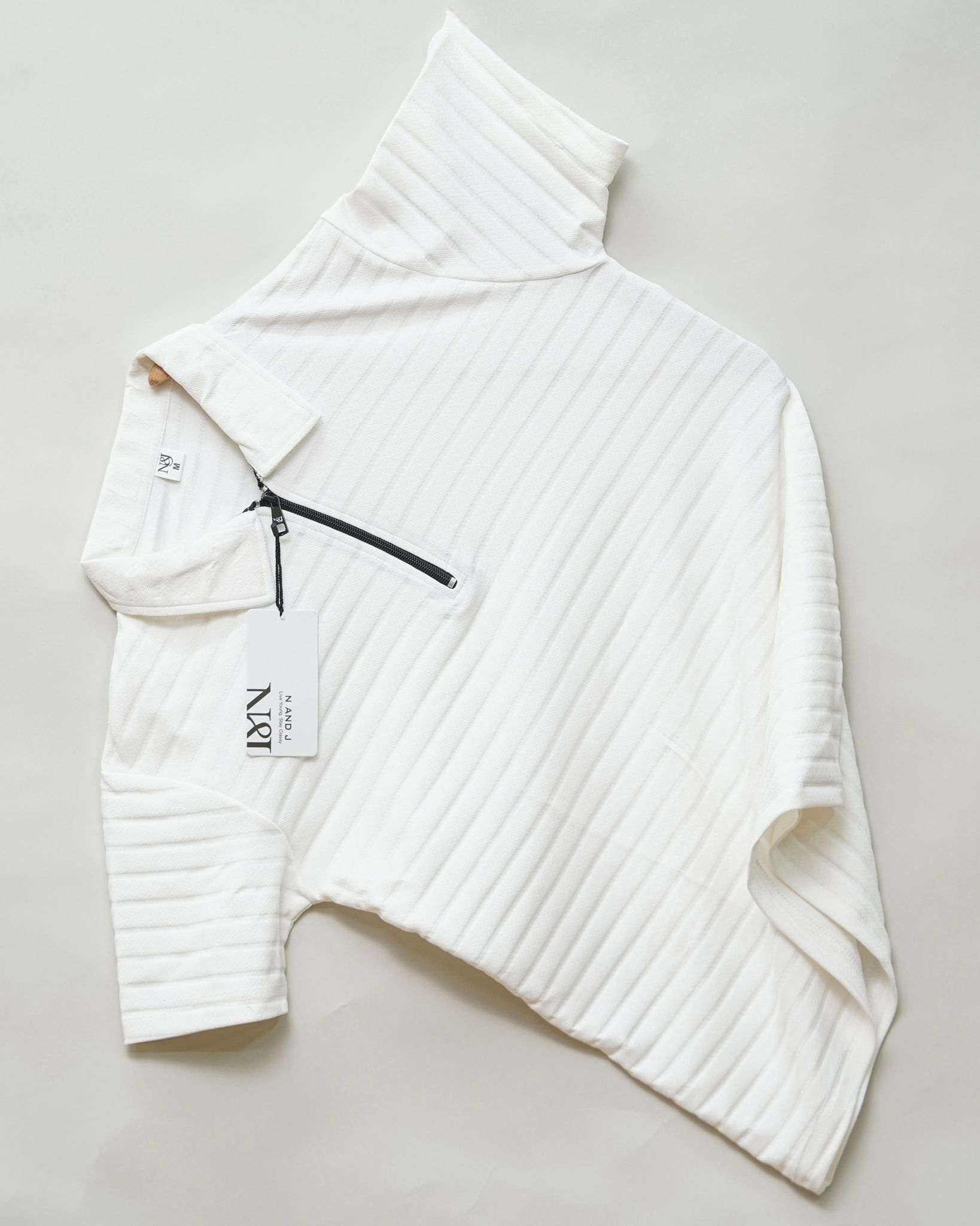 White | Jacquard Knit Textured | Polo Zipper T-Shirt-M