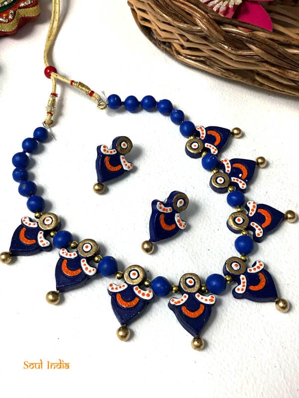HandmadeTerracotta Necklace Set With Earrings -Blue