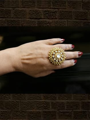 Bold ruby and kundan stone adjustable ring with zircons-White