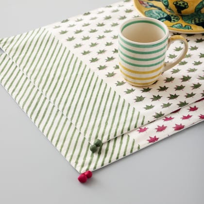 Hand Block Printed Chanderi Table Mats with Lotus in Green & Pink - Set of 2 - 14x18-White / Green / Pink / Chanderi / 14x18