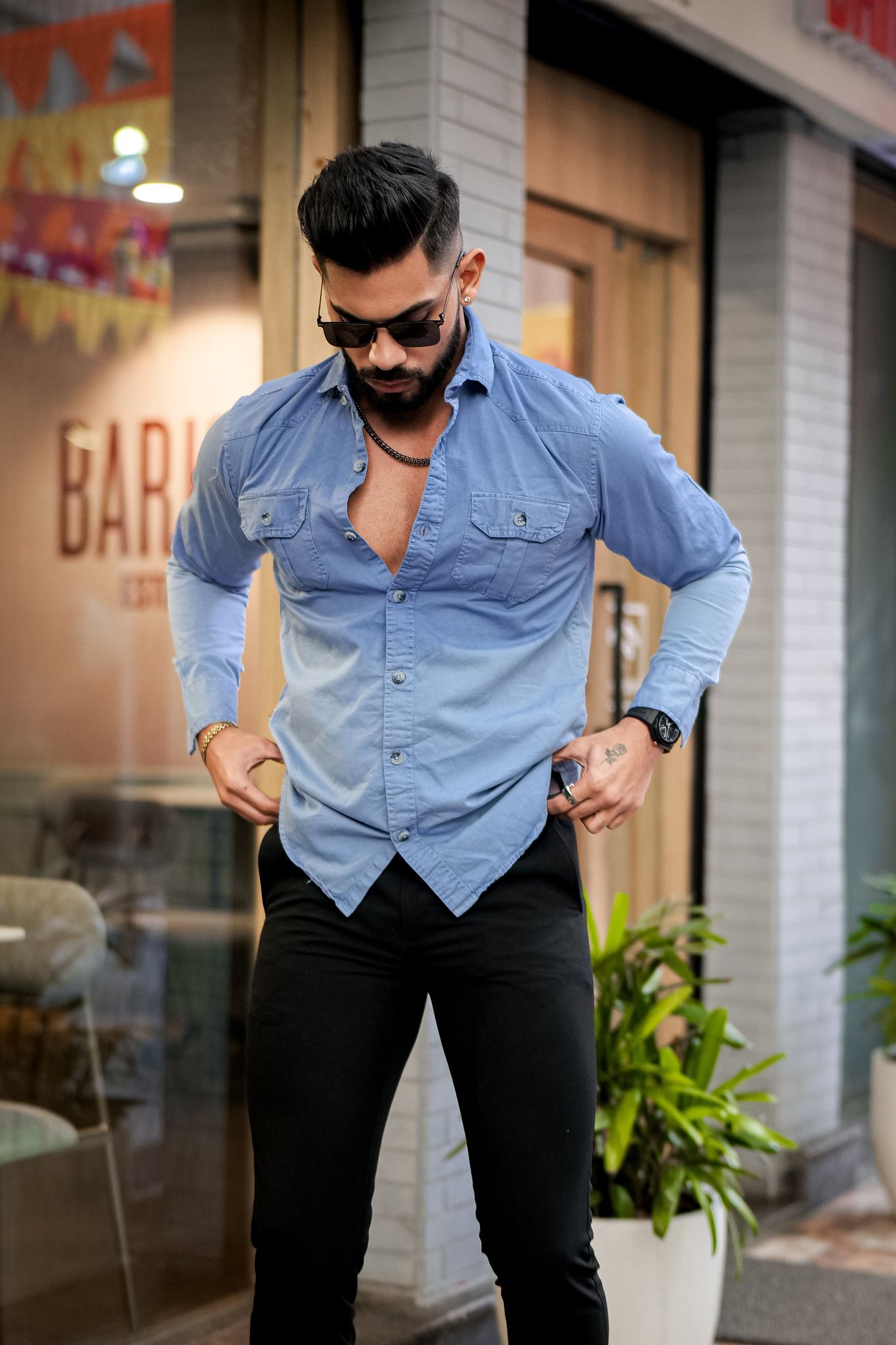 Sky Blue Double Shade Cotton RFD Designer Shirt